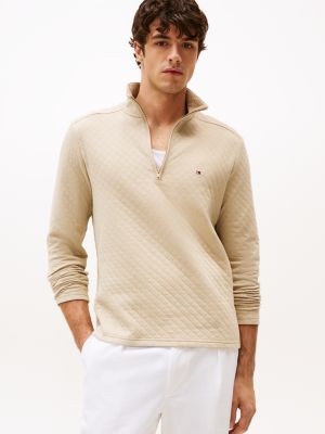 beige performance regular sweatshirt met 1/4-rits voor heren - tommy hilfiger