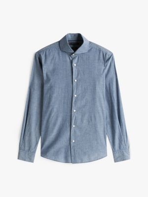 chemise ajustée smart casual en chambray bleu pour hommes tommy hilfiger