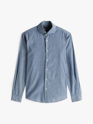 blue smart casual chambray slim fit shirt for men tommy hilfiger