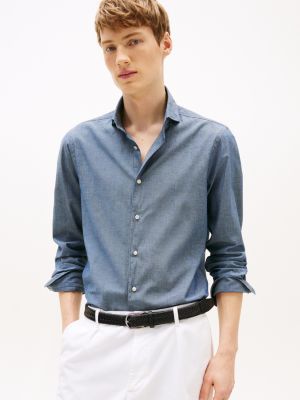 camicia smart casual slim fit in chambray blue da uomini tommy hilfiger