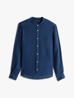 chemise ajustée smart casual en lin bleu pour hommes tommy hilfiger