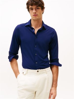 camicia sportiva slim fit in tessuto dobby blu da uomini tommy hilfiger