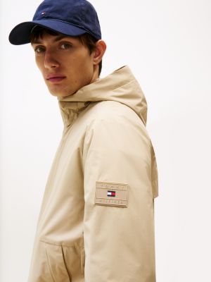 beige logo patch hooded jacket for men tommy hilfiger