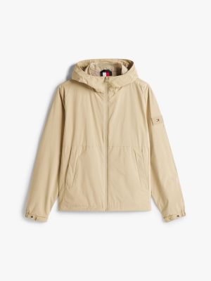 beige logo patch hooded jacket for men tommy hilfiger