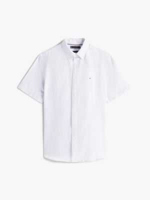 chemise manches courtes en lin mélangé bleu pour hommes tommy hilfiger