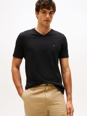 black t-shirt mit flag-stickerei und v-ausschnitt für herren - tommy hilfiger