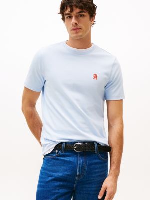 blue t-shirt mit kontrast-monogramm-stickerei für herren - tommy hilfiger