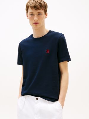 blue t-shirt met contrasterend geborduurd th-monogram voor heren - tommy hilfiger