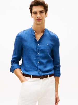 blue slim fit hemd aus gewaschenem, reinem leinen für herren - tommy hilfiger