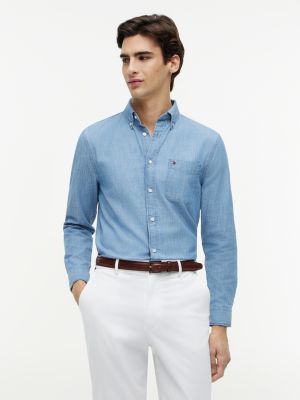 blue regular fit button-down chambray shirt for men tommy hilfiger