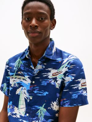 chemise manches courtes en lin motif tropical bleu pour hommes tommy hilfiger