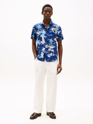 chemise manches courtes en lin motif tropical bleu pour hommes tommy hilfiger