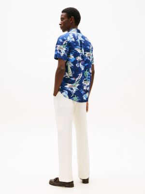 chemise manches courtes en lin motif tropical bleu pour hommes tommy hilfiger