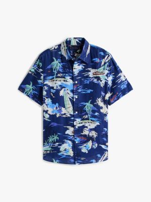chemise manches courtes en lin motif tropical bleu pour hommes tommy hilfiger