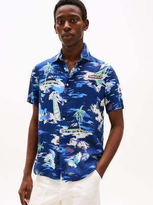 chemise manches courtes en lin motif tropical blue pour hommes tommy hilfiger