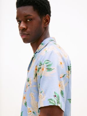 blauw regular overhemd met korte mouwen en bloemen voor heren - tommy hilfiger