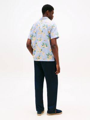 blauw regular overhemd met korte mouwen en bloemen voor heren - tommy hilfiger