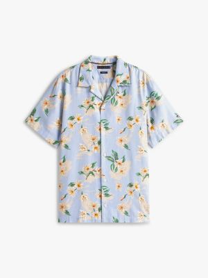 blauw regular overhemd met korte mouwen en bloemen voor heren - tommy hilfiger