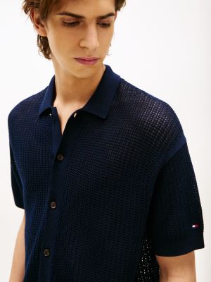 schwarz relaxed fit kurzarm-hemd in mesh-optik für herren - tommy hilfiger