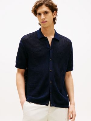 black relaxed fit kurzarm-hemd in mesh-optik für herren - tommy hilfiger