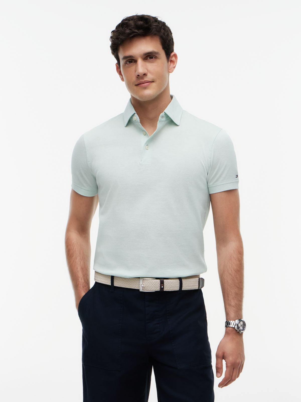 New York Label Slim Fit Wide-Spread Polo Shirt — Green