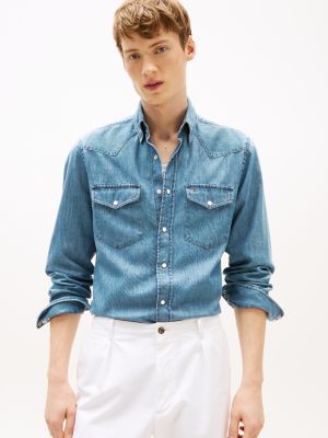 camicia regular fit in denim stile western blue da uomini tommy hilfiger