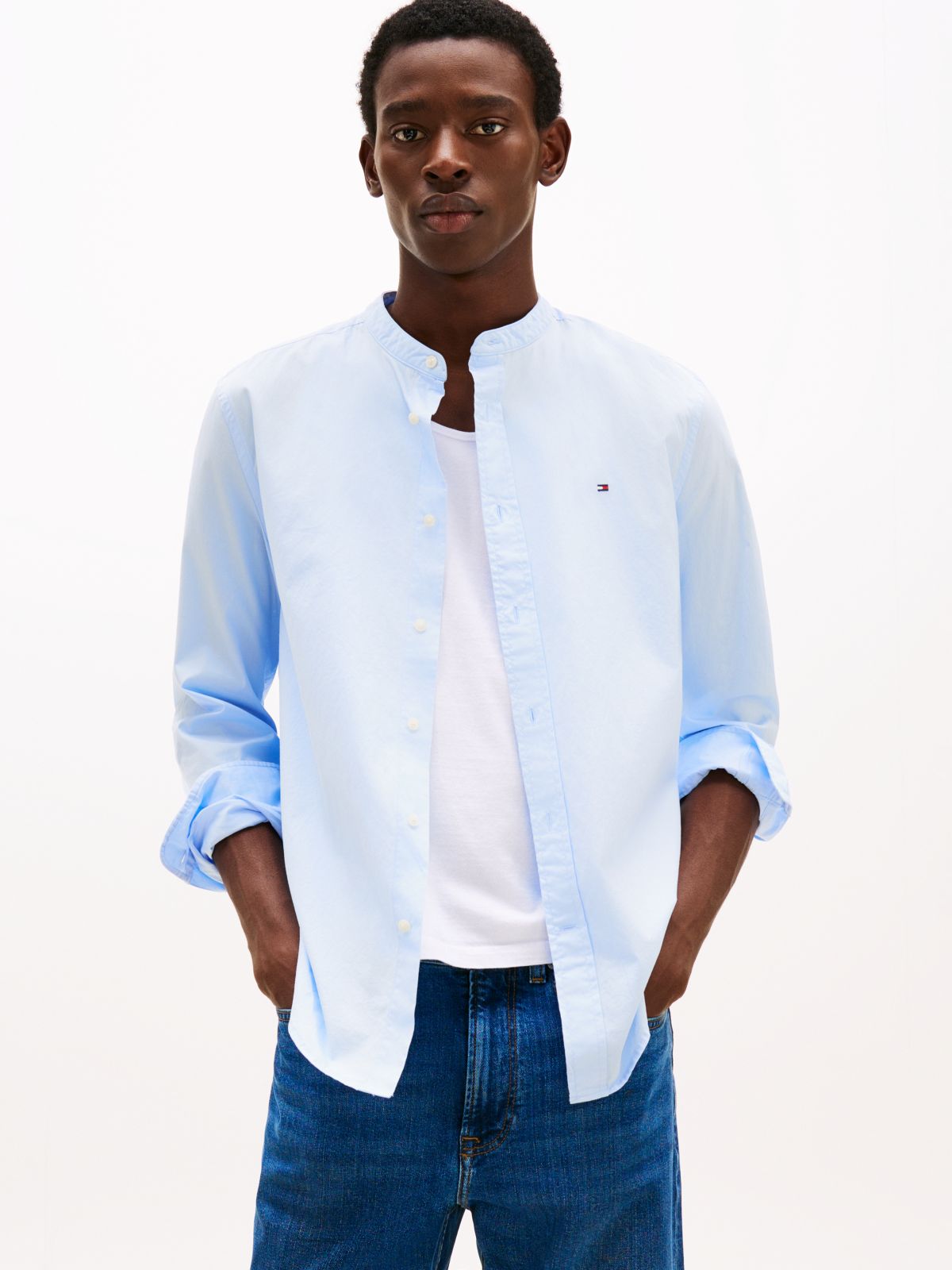TH Flex Regular Fit Grandad Collar Shirt — Blue