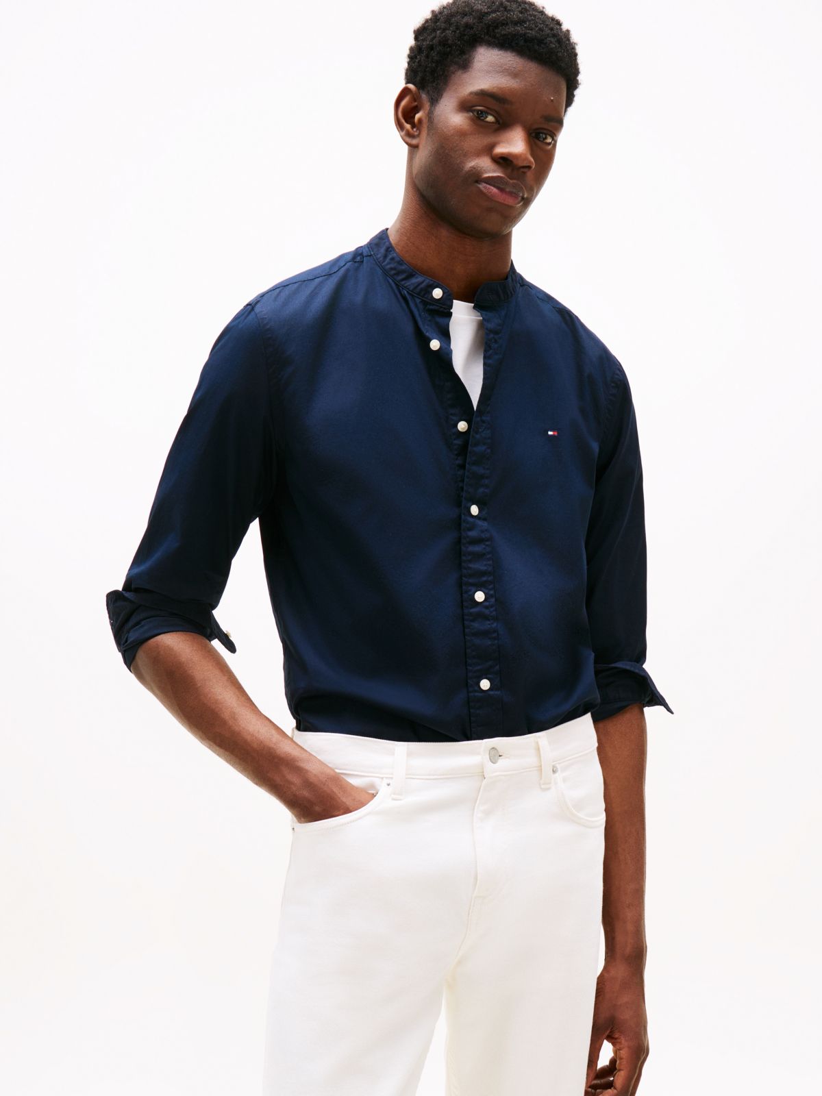 TH Flex Regular Fit Grandad Collar Shirt — Blue