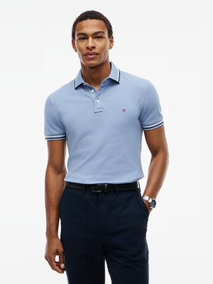 blue slim fit pique tipped polo shirt for men tommy hilfiger