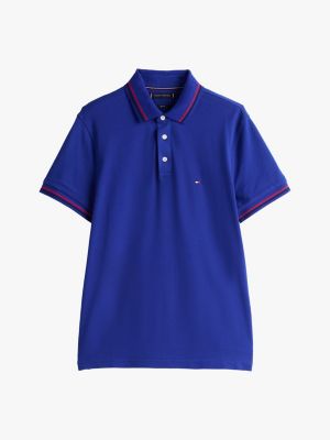 polo ribeteado de corte slim azul de hombres tommy hilfiger