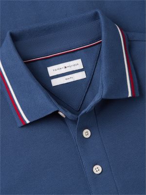 blue slim fit tipped pique polo shirt for men tommy hilfiger