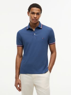 blue slim fit tipped pique polo shirt for men tommy hilfiger