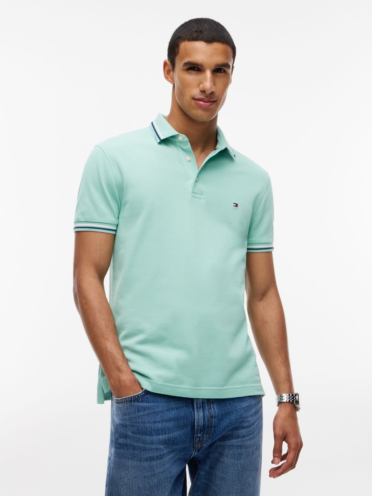 Slim Fit Pique Tipped Polo Shirt — Green
