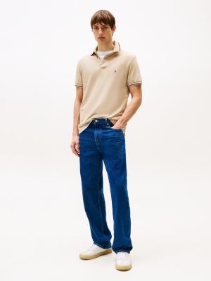 polo de corte slim con ribetes a contraste marrón de hombres tommy hilfiger