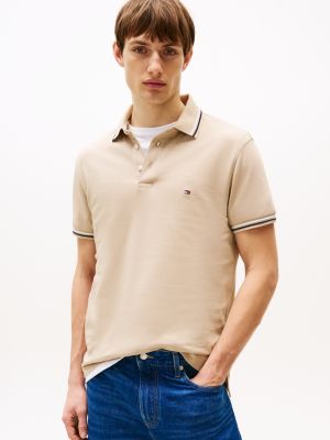 polo de corte slim con ribetes a contraste marrón de hombres tommy hilfiger