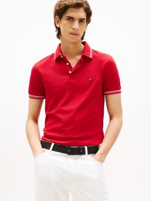 red slim fit polo met contrasterende rand voor heren - tommy hilfiger