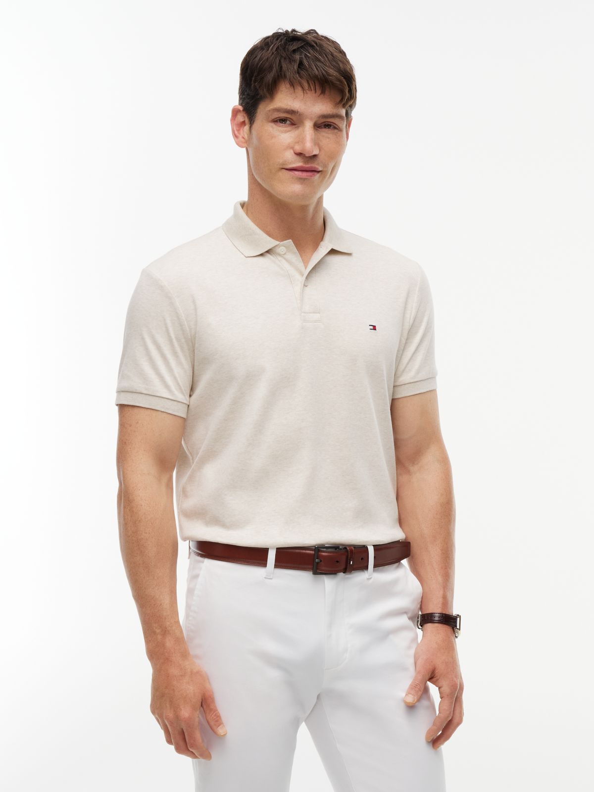 Fluid Cotton Interlock Knit Polo Shirt — Beige