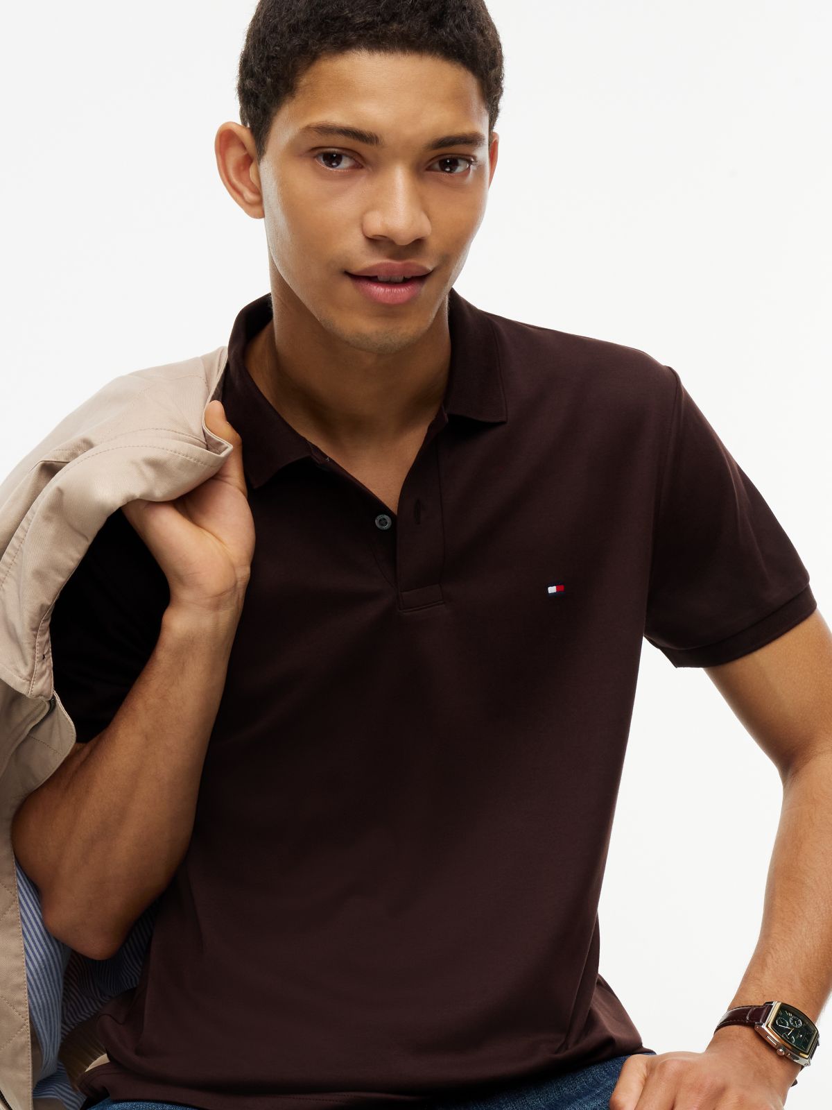 Fluid Cotton Interlock Knit Polo Shirt — Brown