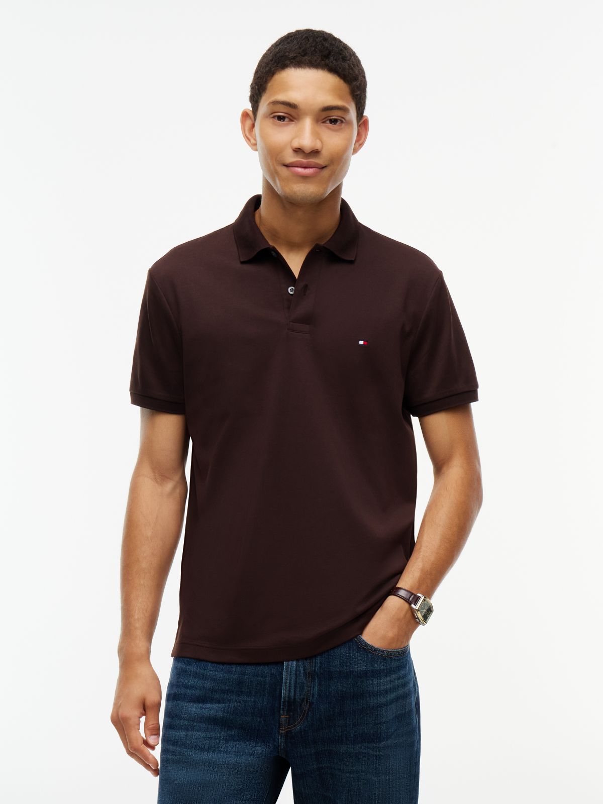 Fluid Cotton Interlock Knit Polo Shirt — Brown