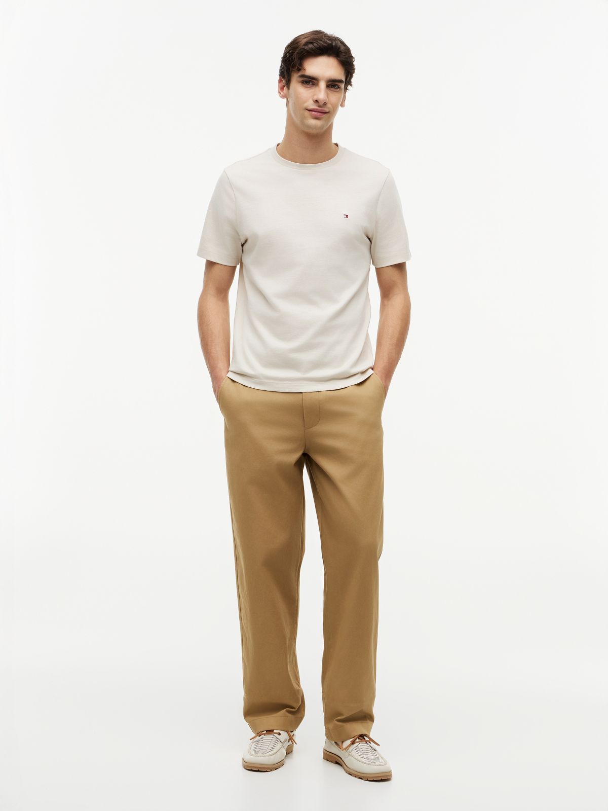 Flag Embroidery Jersey Crew Neck T-Shirt — Beige