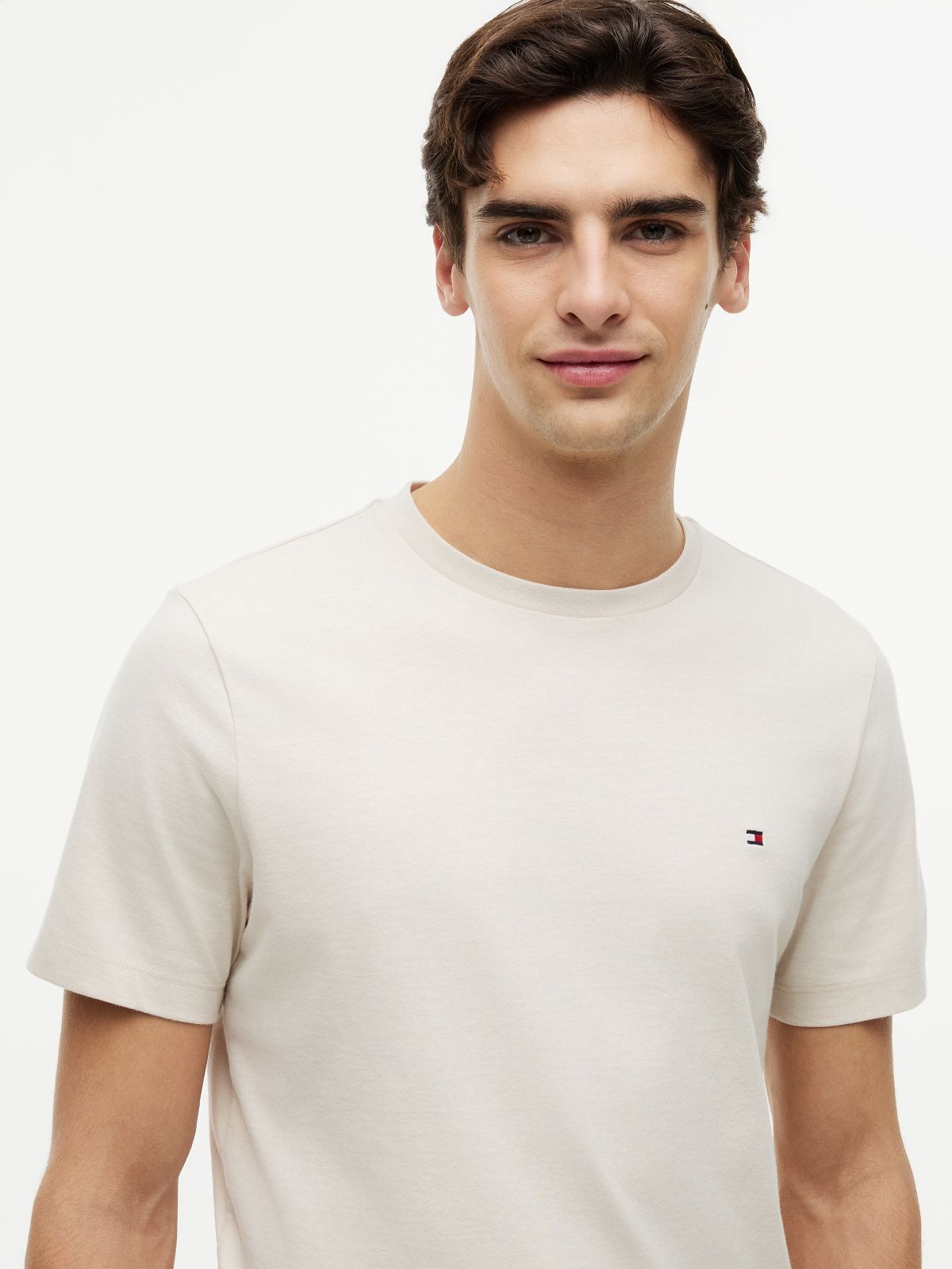 Flag Embroidery Jersey Crew Neck T-Shirt — Beige