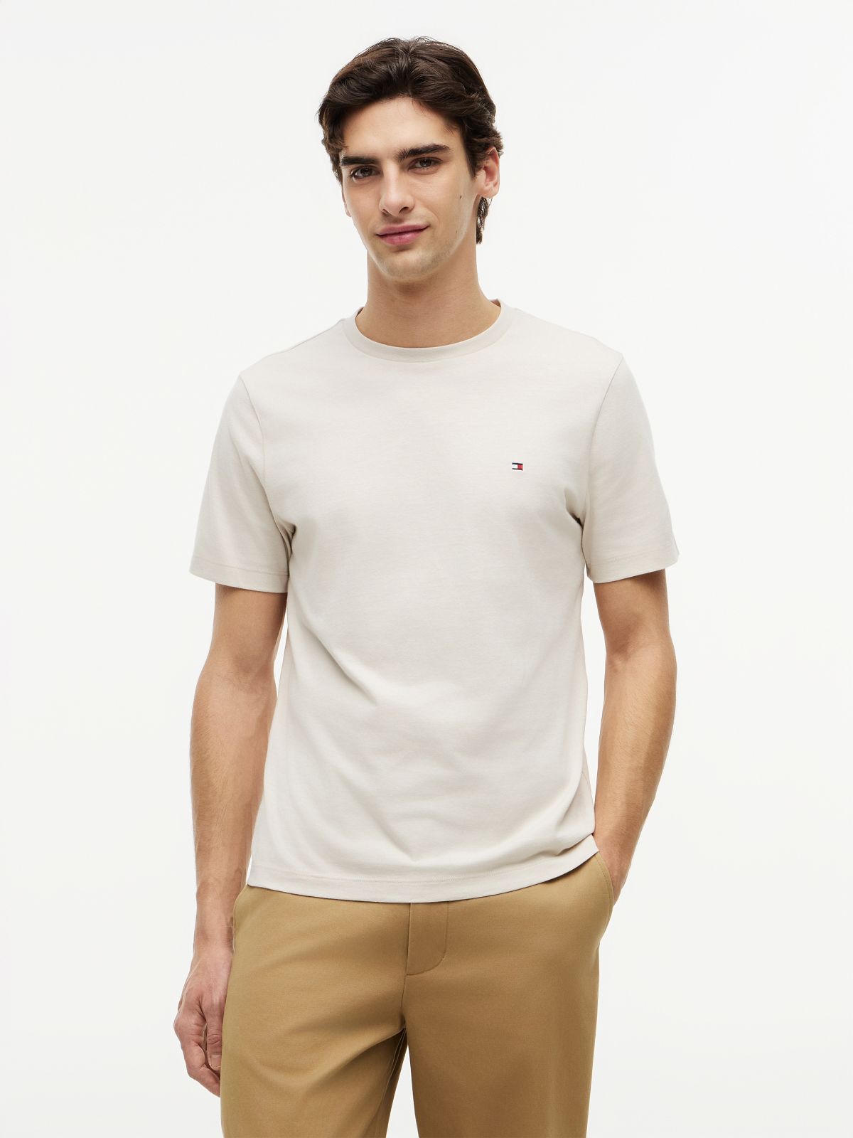 Flag Embroidery Jersey Crew Neck T-Shirt — Beige