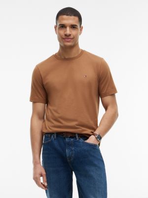 brown flag embroidery crew neck t-shirt for men tommy hilfiger