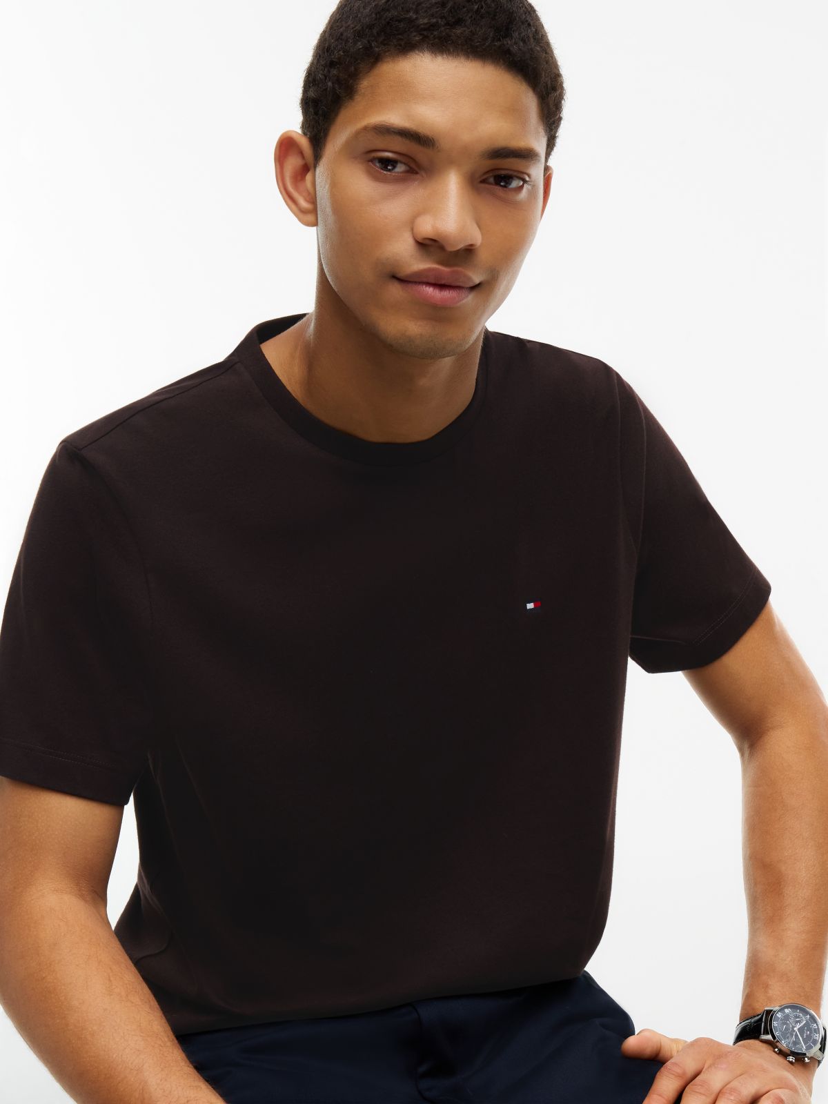 Flag Embroidery Jersey Crew Neck T-Shirt — Brown