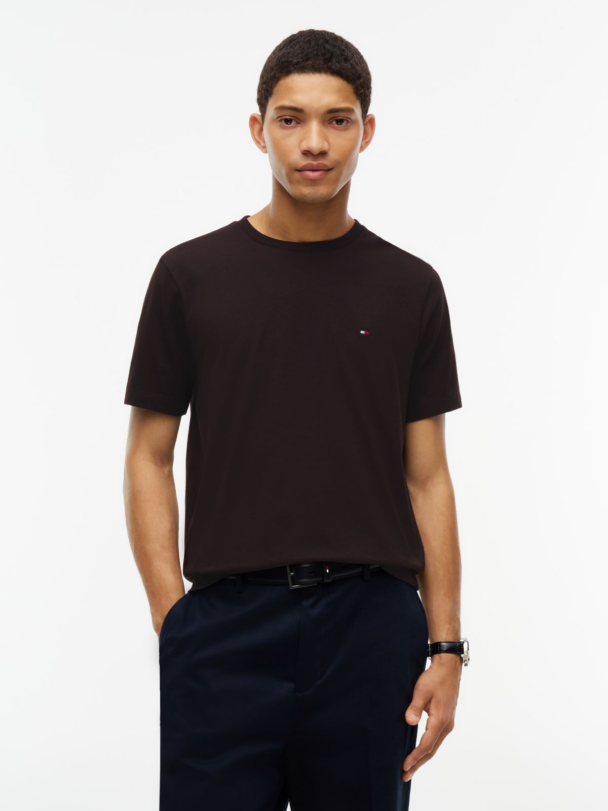 Flag Embroidery Jersey Crew Neck T-Shirt — Brown