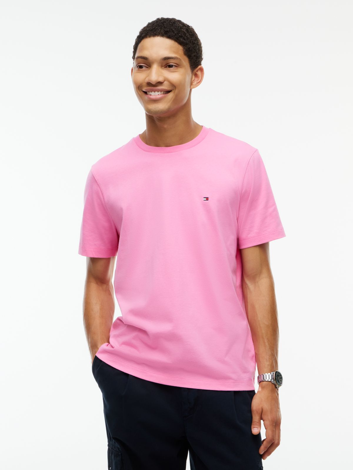 Flag Embroidery Jersey Crew Neck T-Shirt — Pink