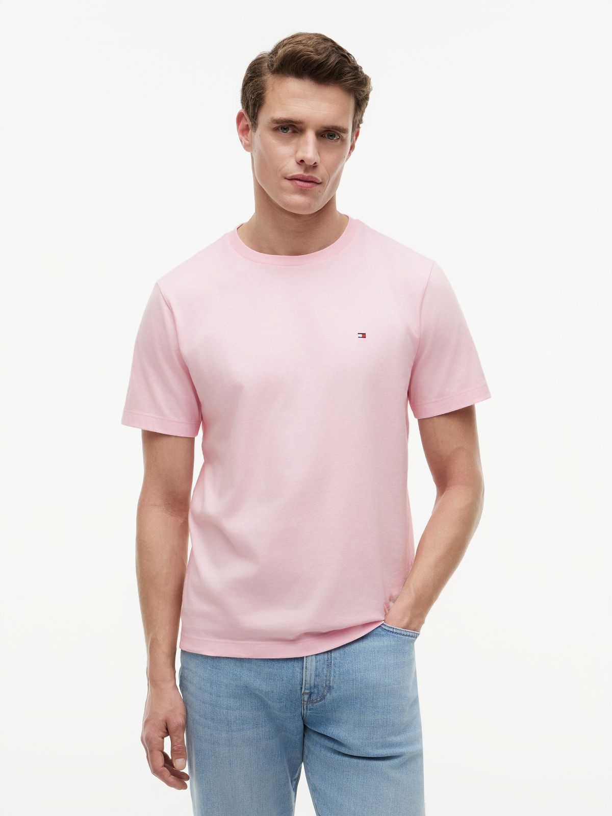 Flag Embroidery Jersey Crew Neck T-Shirt — Pink
