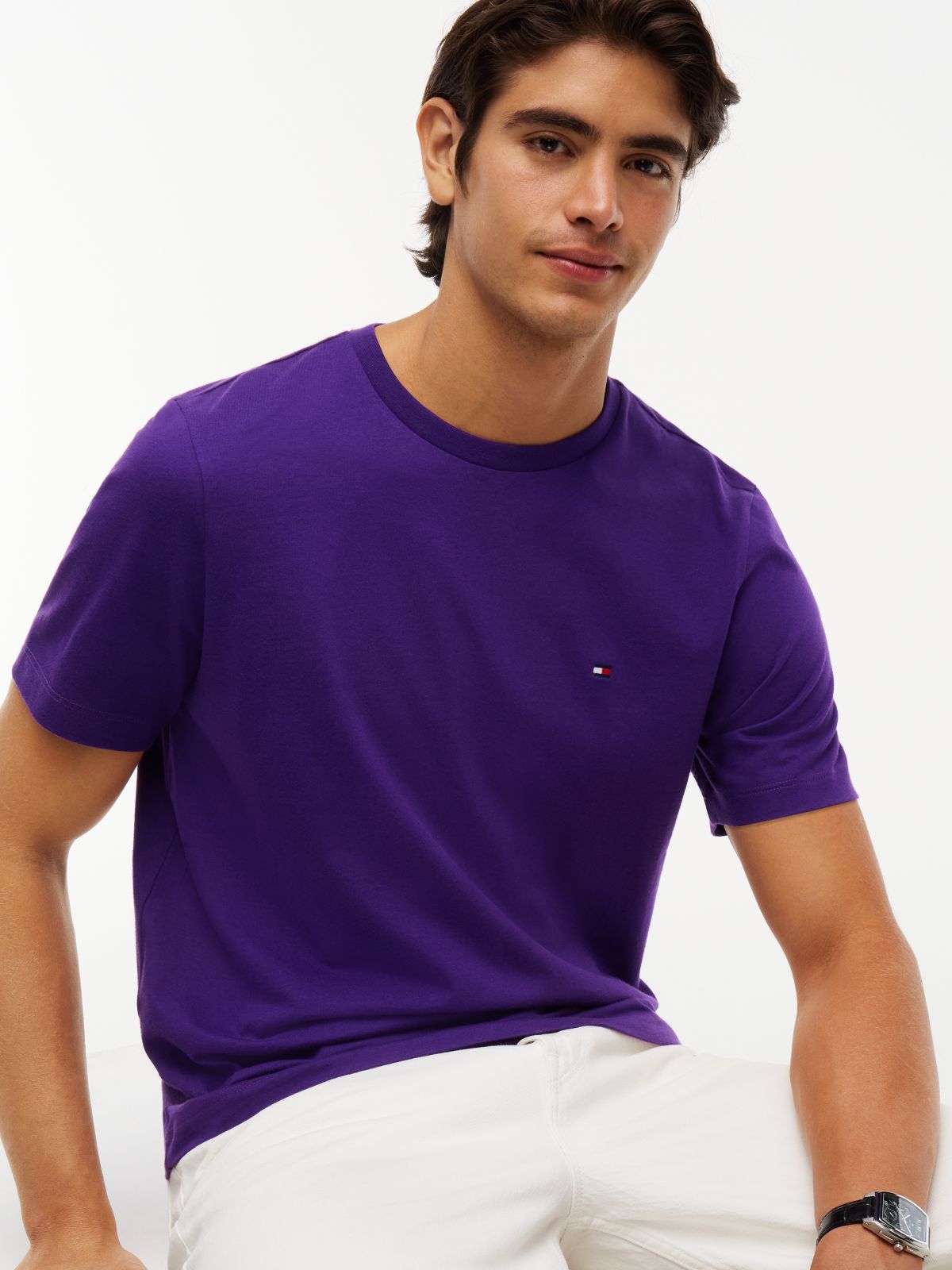 Flag Embroidery Jersey Crew Neck T-Shirt — Purple