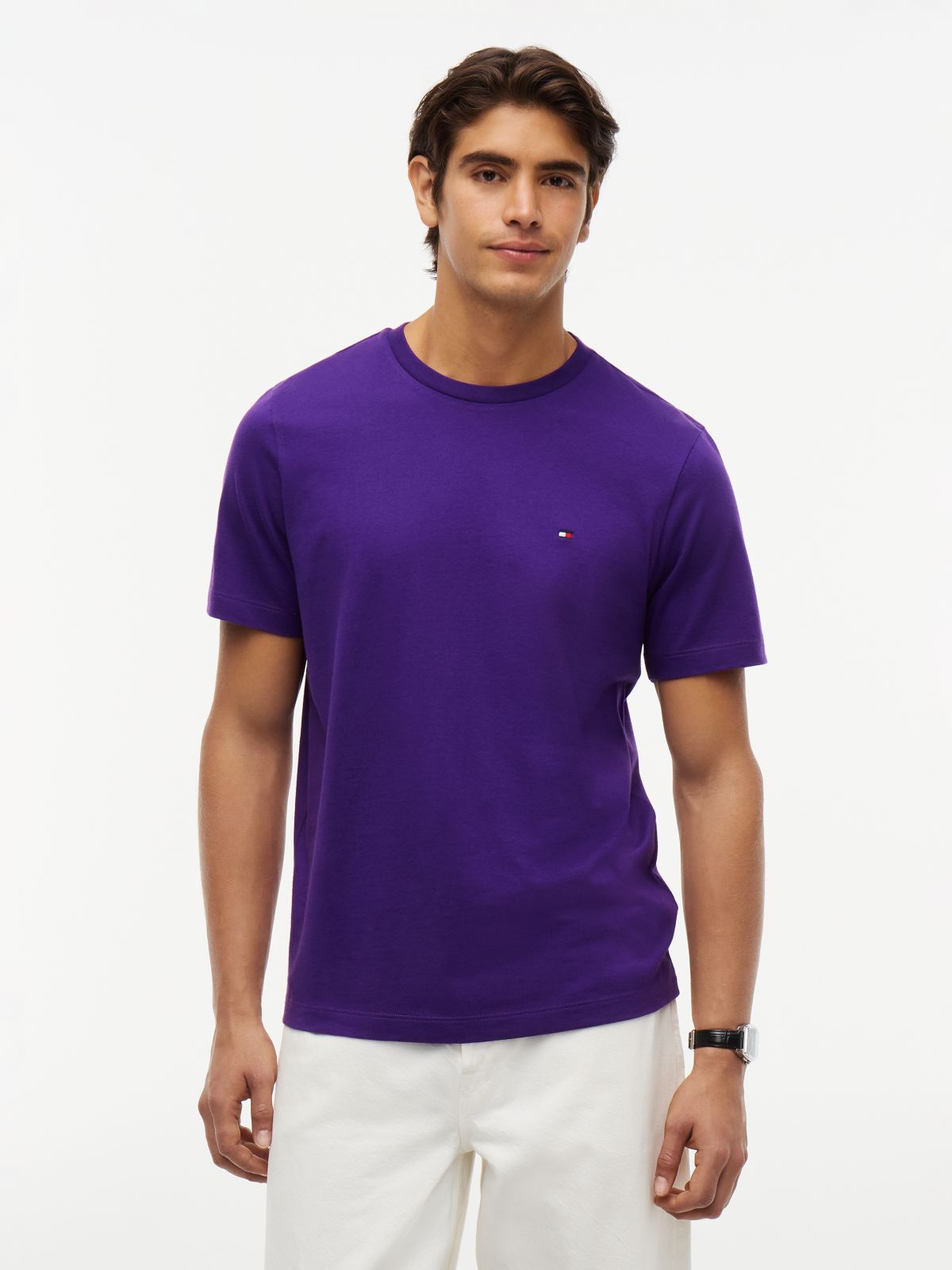 Flag Embroidery Jersey Crew Neck T-Shirt — Purple