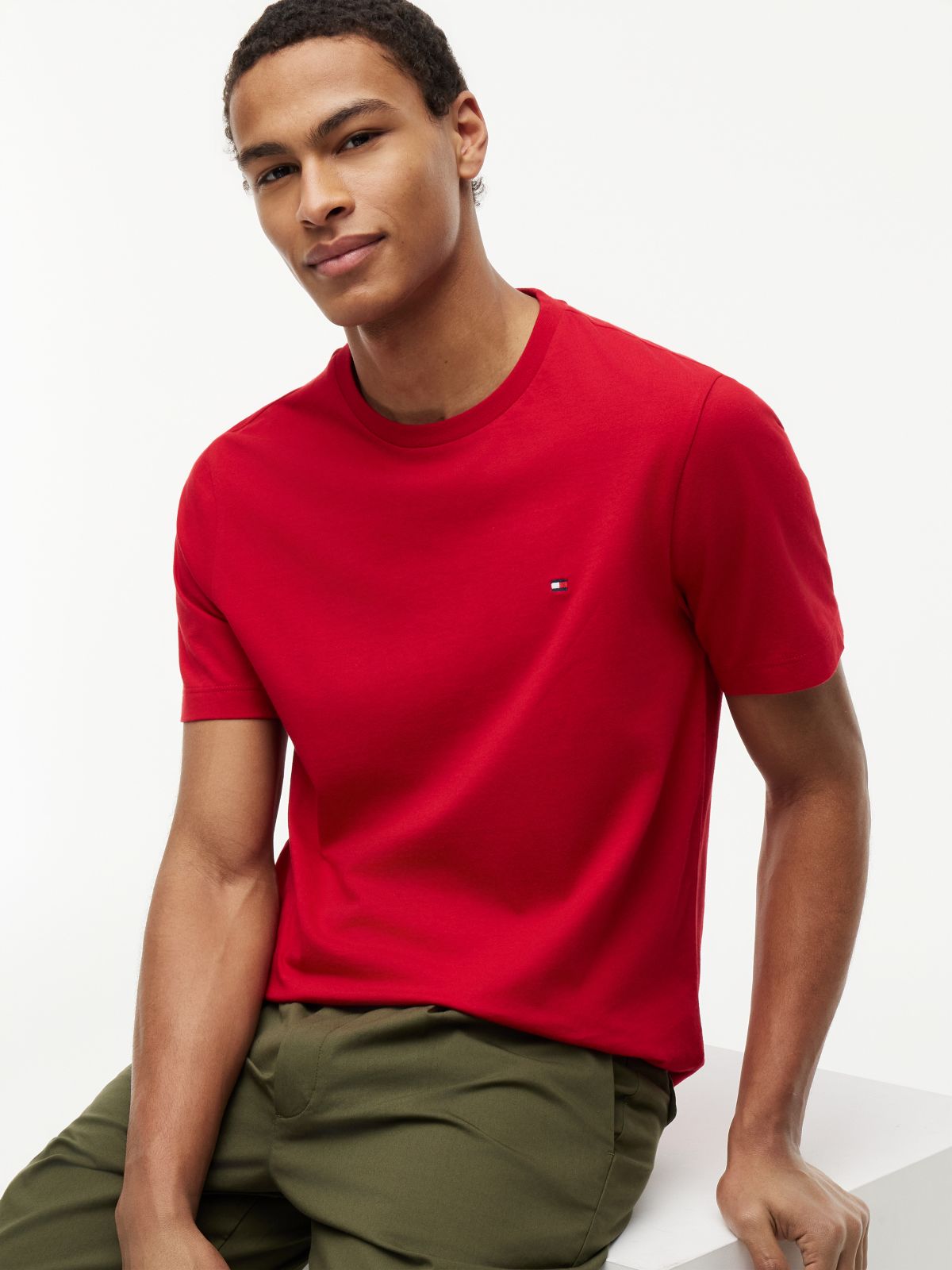 Flag Embroidery Jersey Crew Neck T-Shirt — Red